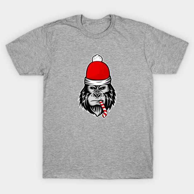 christmas santa claus gorilla candy cane T-Shirt by gossiprag